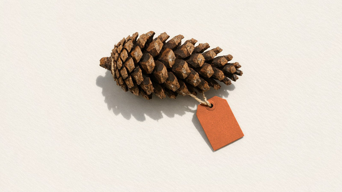 A pine cone with a blank orange tag on white paper